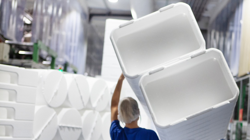 Production line at BEWI factory, producing packaging out of styrofoam