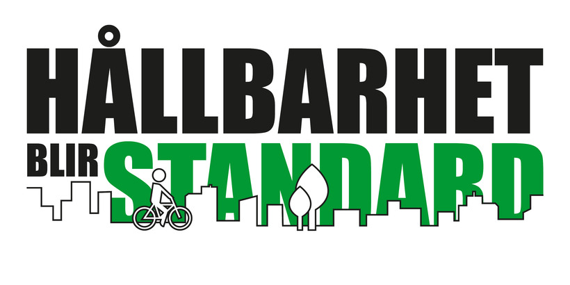 Logotyp med orden HÅLLBARHET BLIR i svart, STANDARD under i grönt. Framför ligger en siluett av ev stad och en cyklist.