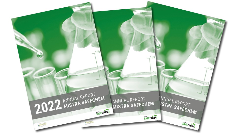 Front pages of threee samples of the Mistra SafeChem Annual report for 2022.